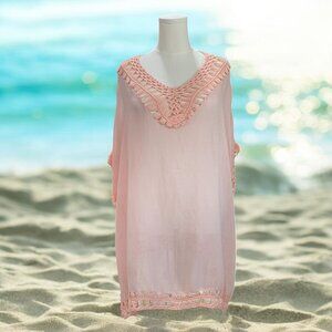 Soft Pink Crochet Trim Beach Cover Up Boho Resort Swim Caftan Cottagecore Tunic